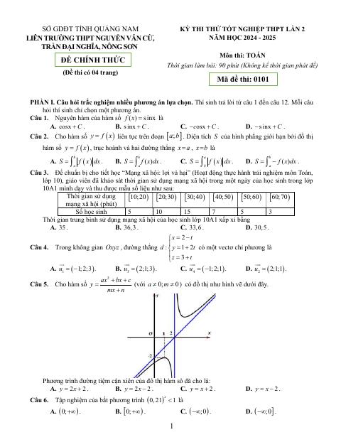 Đề thi thử TN THPT 2025 môn Toán lần 2 liên trường THPT – Quảng Nam
